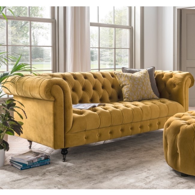 Yellow Velvet Chesterfield Sofa - 3 Seater - Darby