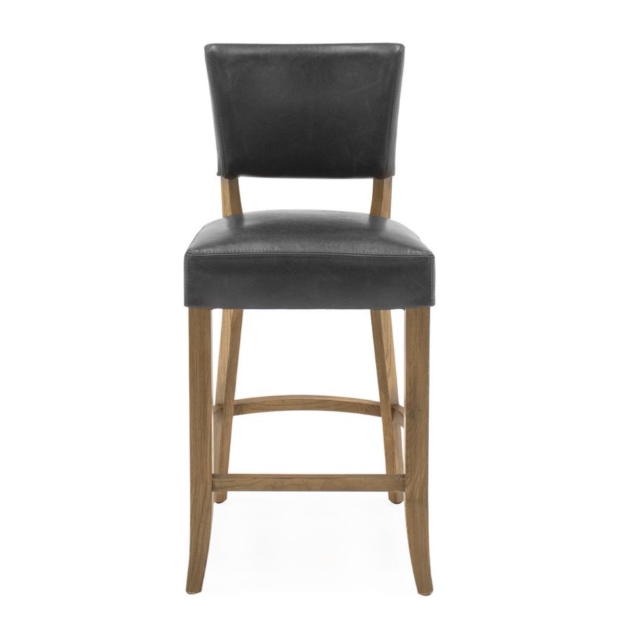 Duke Subtle Blue Leather Bar Stool with Solid Oak Frame