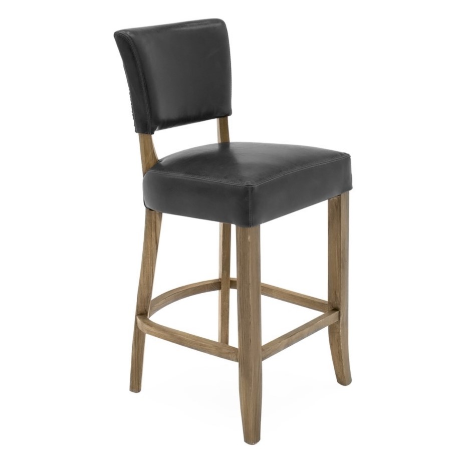 Duke Subtle Blue Leather Bar Stool with Solid Oak Frame