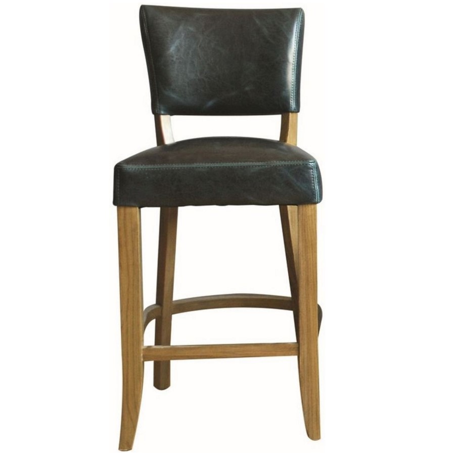 Duke Subtle Blue Leather Bar Stool with Solid Oak Frame
