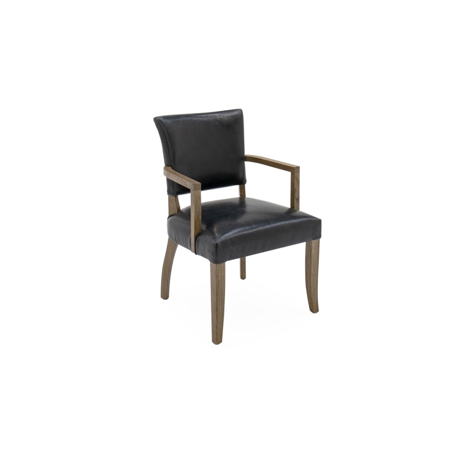 Duke Blue Leather Dining Arm Chair with Solid Oak Frame