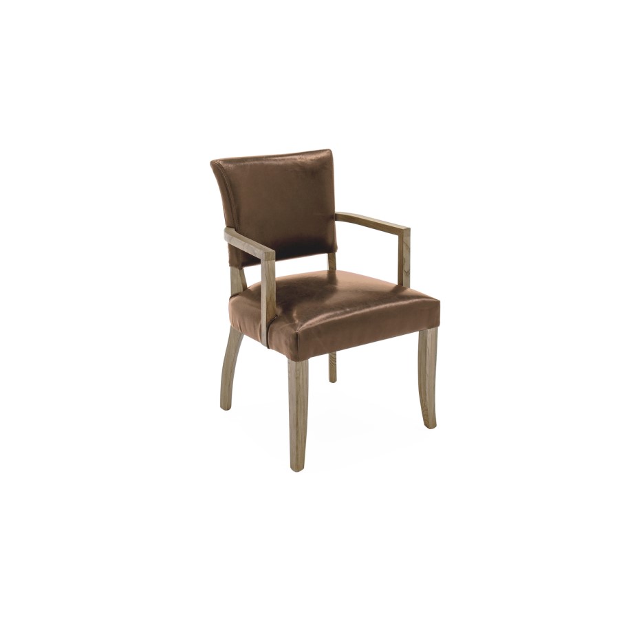 Duke Brown Leather Dining  Arm Chair with Solid Oak Frame 