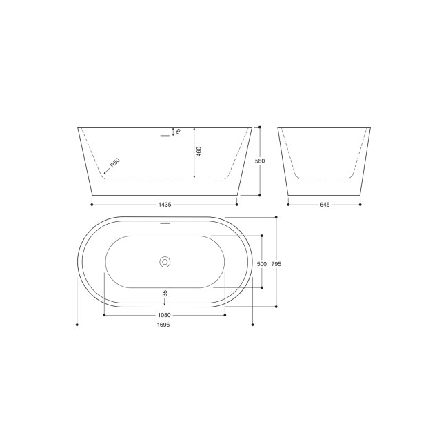 Marble Effect Freestanding Double Ended Bath 1695 x 795mm - Elementa