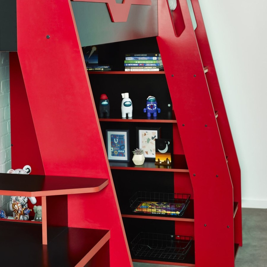 Black and Red High Sleeper Gaming Bed with Desk and Shelves - Eagle