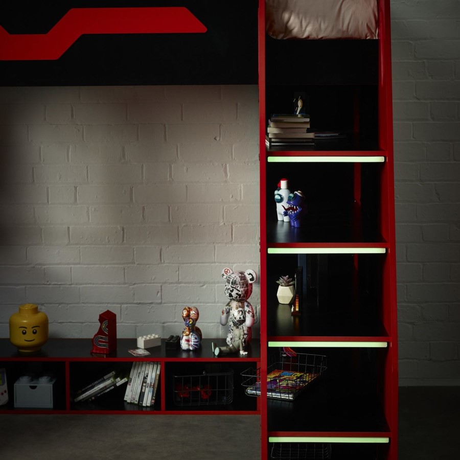 Black and Red High Sleeper Gaming Bed with Desk and Shelves - Eagle