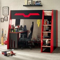 Black and Red High Sleeper Gaming Bed with Desk and Shelves - Eagle