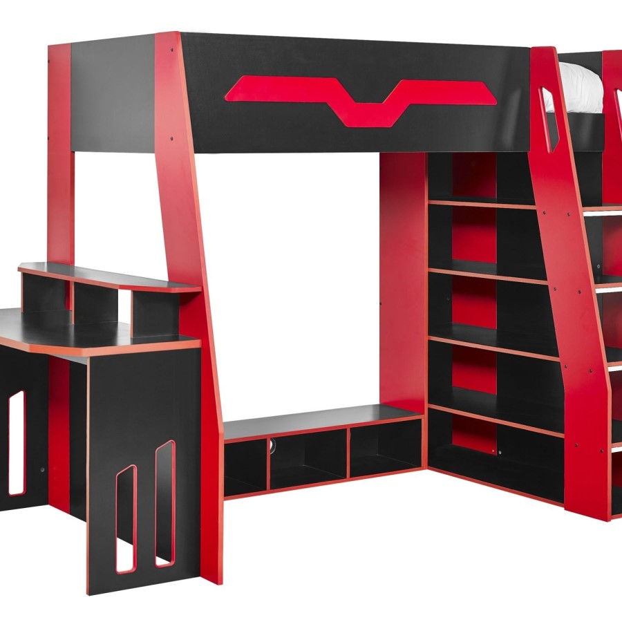Black and Red High Sleeper Gaming Bed with Desk and Shelves - Eagle