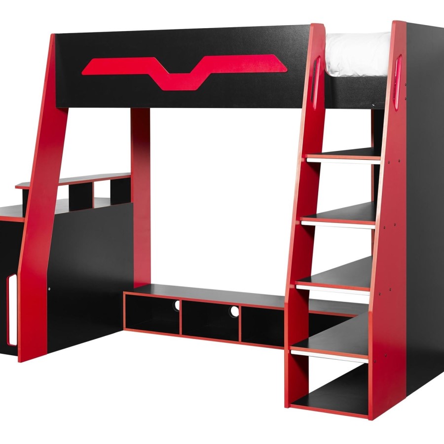 Black and Red High Sleeper Gaming Bed with Desk and Shelves - Eagle