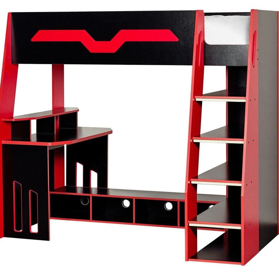 Black and Red High Sleeper Gaming Bed with Desk and Shelves - Eagle