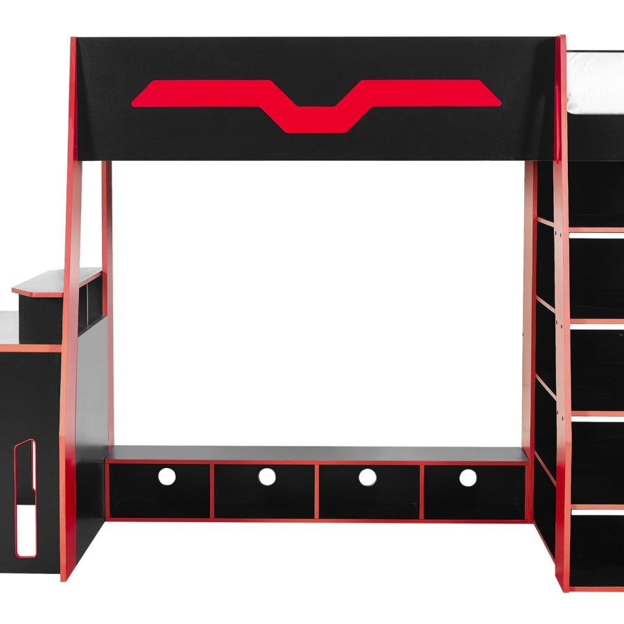 Black and Red High Sleeper Gaming Bed with Desk and Shelves - Eagle