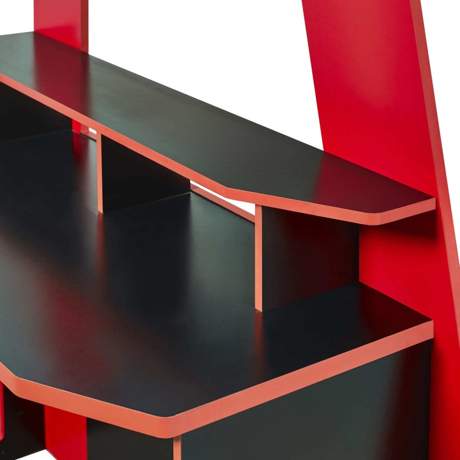 Black and Red High Sleeper Gaming Bed with Desk and Shelves - Eagle