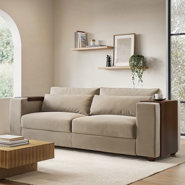 Beige Velvet 3 Seater Sofa with End Tables - Elias