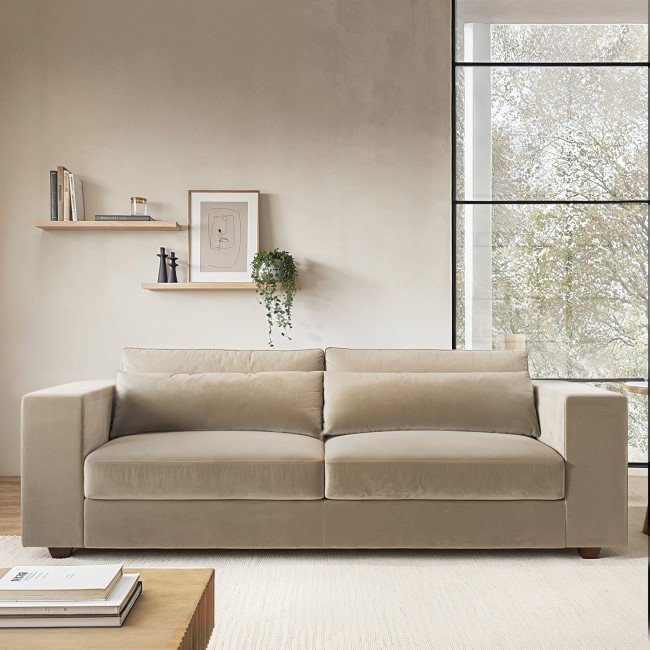 Beige Velvet 3 Seater Sofa with End Tables - Elias