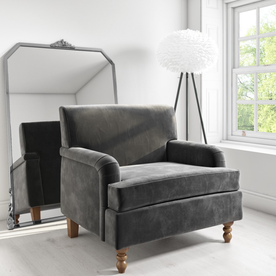 GRADE A2 - Large Dark Grey Velvet Armchair - Mid Century - Eden