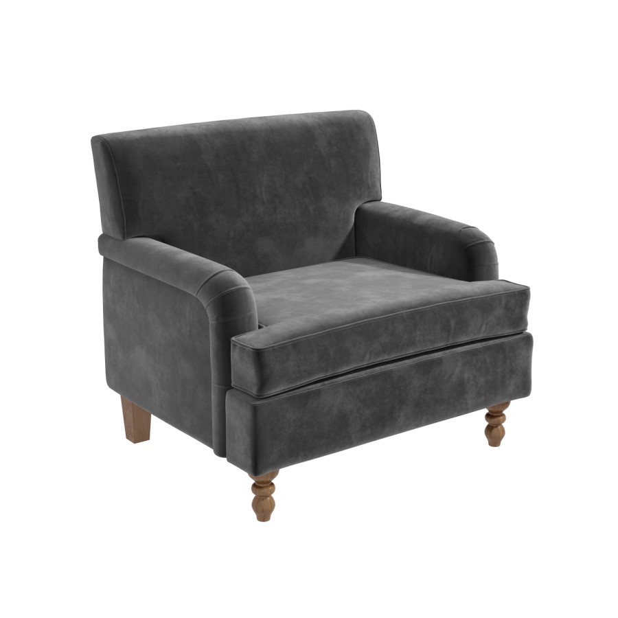 GRADE A2 - Large Dark Grey Velvet Armchair - Mid Century - Eden