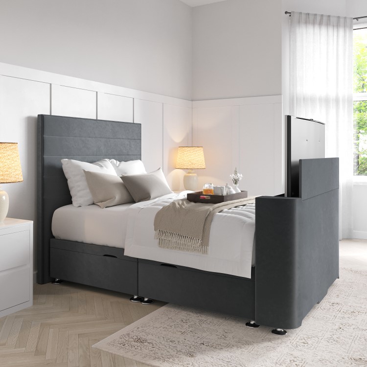 Double TV Ottoman Bed in Grey Velvet with Stripe Headboard - Eden