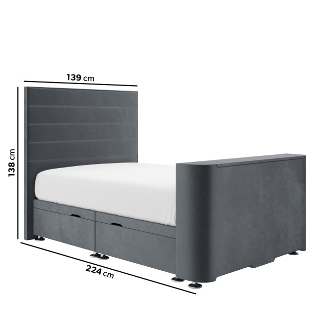 Double TV Ottoman Bed in Grey Velvet with Stripe Headboard - Eden