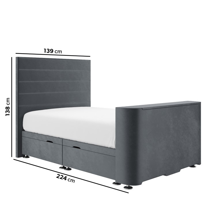 Double TV Ottoman Bed in Grey Velvet with Stripe Headboard - Eden