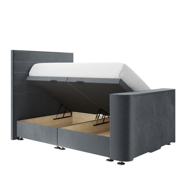 Double TV Ottoman Bed in Grey Velvet with Stripe Headboard - Eden