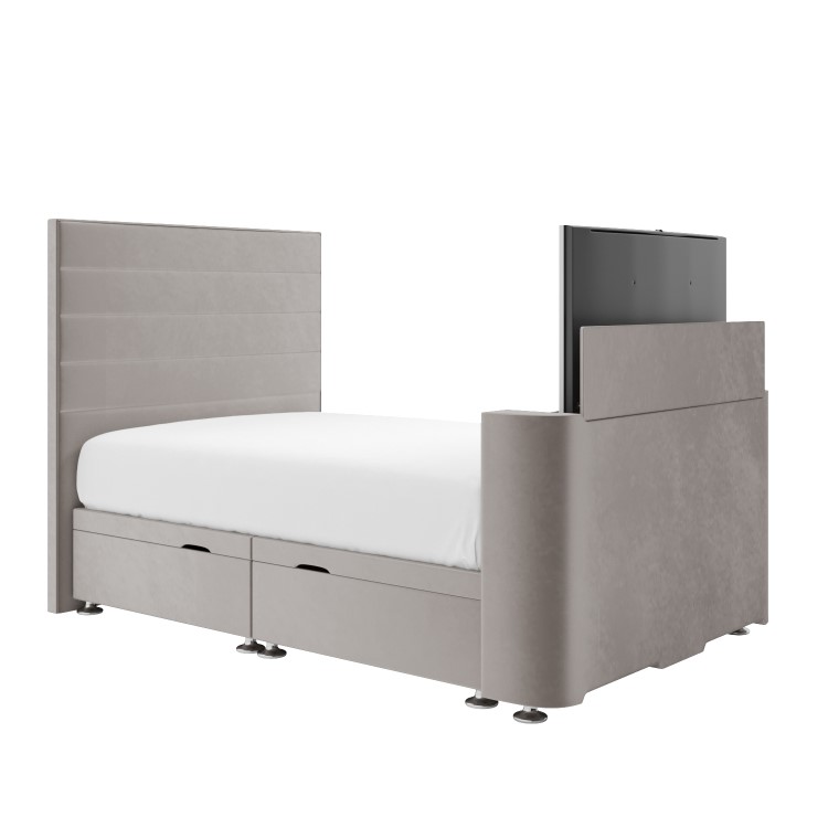 Double TV Ottoman Bed in Mink Brown Velvet with Stripe Headboard - Eden