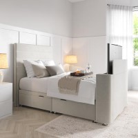 Double TV Ottoman Bed in Cream Velvet with Stripe Headboard - Eden Double TV Ottoman Bed in Cream Velvet with Stripe Headboard - Eden