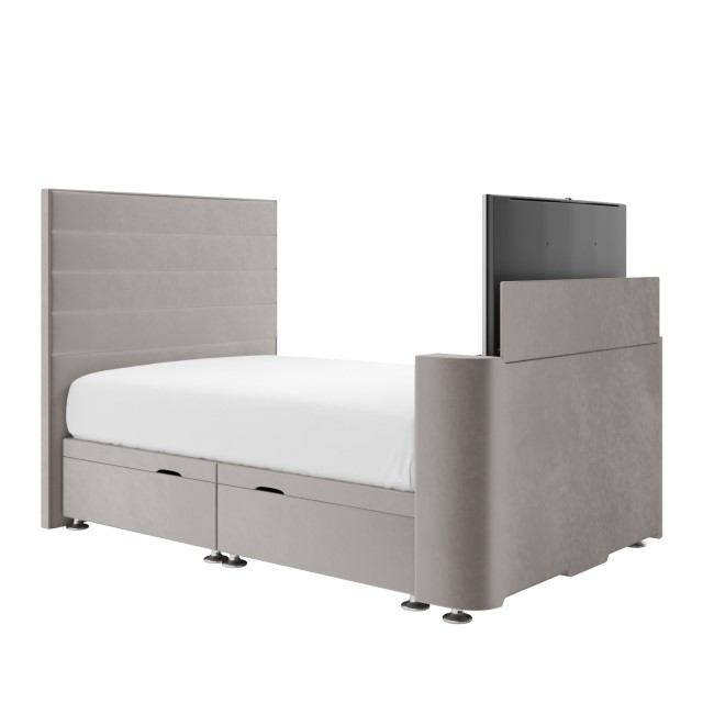 King Size TV Ottoman Bed in Mink Brown Velvet with Stripe Headboard - Eden