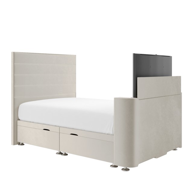 King Size TV Ottoman Bed in Cream Velvet with Stripe Headboard - Eden