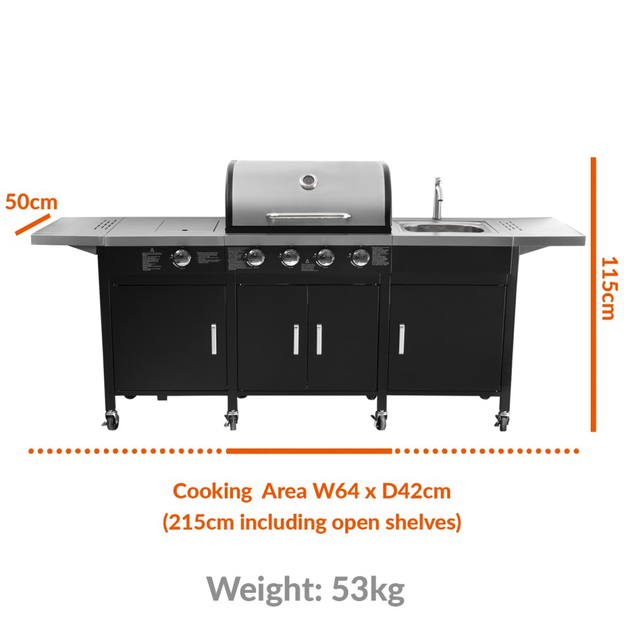 The Texas Outdoor Elite 4 Burner Gas BBQ Kitchen in Black