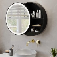 Black Sliding Mirrored Bathroom Cabinet with Lights 600 x 600mm - Elara