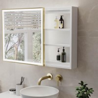 Brass Sliding Square Mirrored Bathroom Cabinet with Lights 600x600mm - Elara