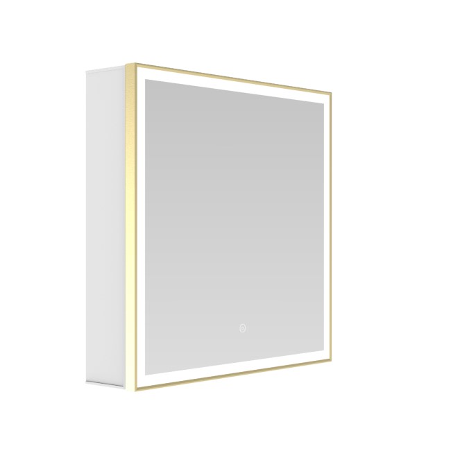 Brass Sliding Square Mirrored Bathroom Cabinet with Lights 600x600mm - Elara