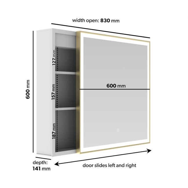 Brass Sliding Square Mirrored Bathroom Cabinet with Lights 600x600mm - Elara