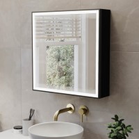 Black Sliding Square Mirrored Bathroom Cabinet with Lights 600x600mm - Elara