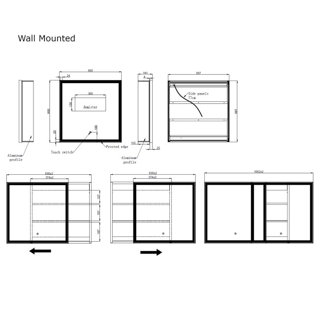 Elara Square Sliding LED Mirror Cab 600mm Matt Black