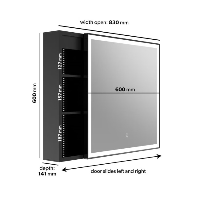 Elara Square Sliding LED Mirror Cab 600mm Matt Black