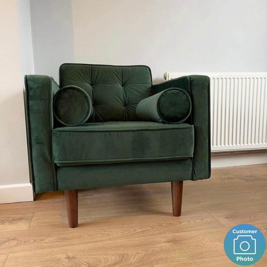 GRADE A2 - Mid Century Quilted Green Velvet Armchair with Button Detail - Elba