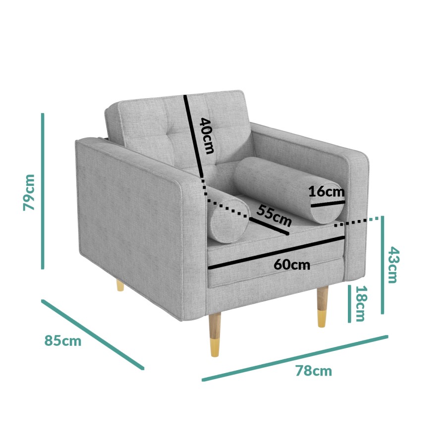 Light Grey Fabric Armchair with Bolster Cushions - Elba