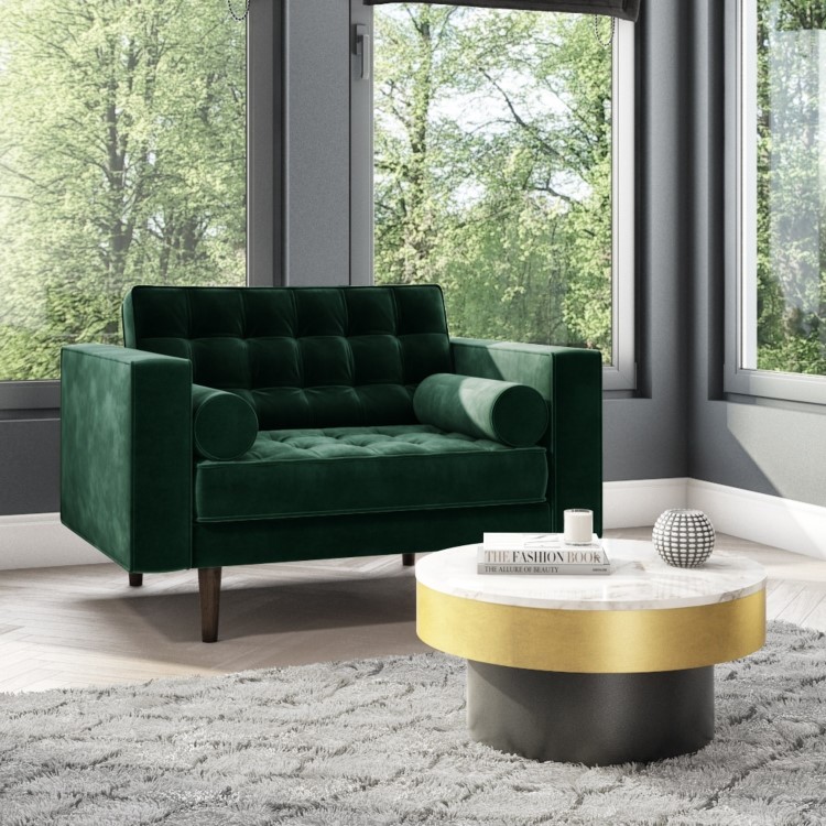 Dark Green Buttoned Velvet Loveseat - Elba 