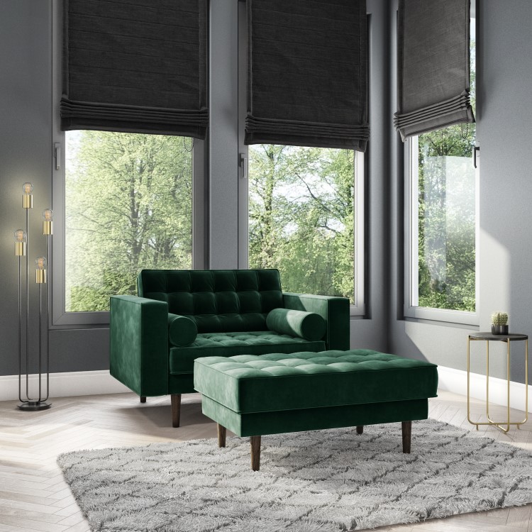 Dark Green Buttoned Velvet Loveseat - Elba 