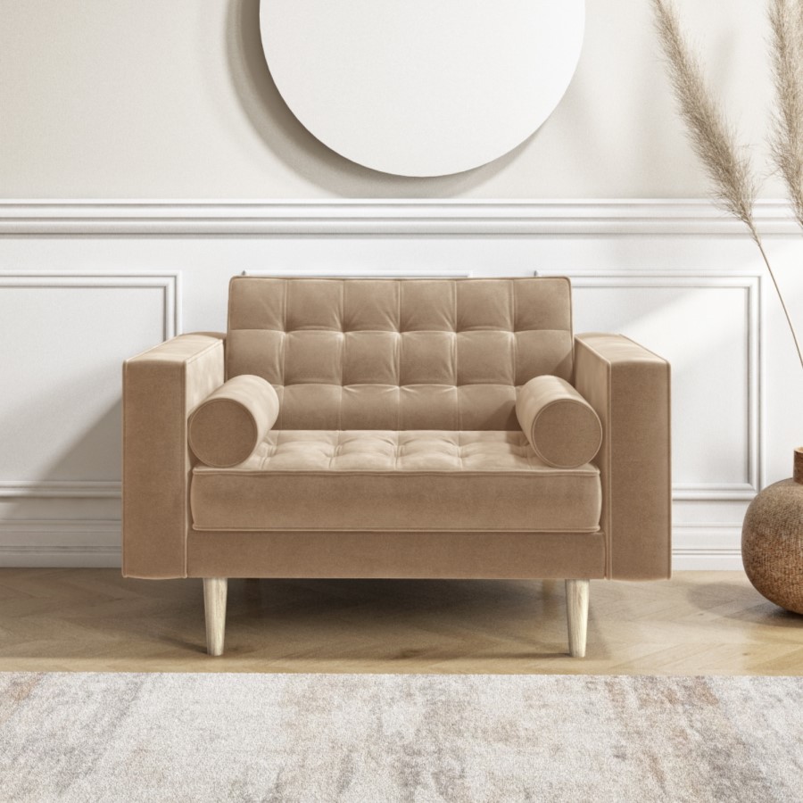 GRADE A1 - Mid Century Quilted Beige Velvet Loveseat - Elba