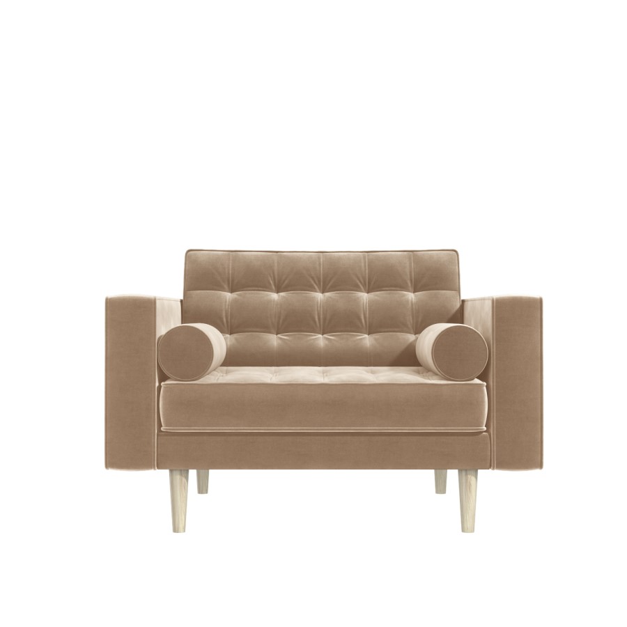 GRADE A1 - Mid Century Quilted Beige Velvet Loveseat - Elba
