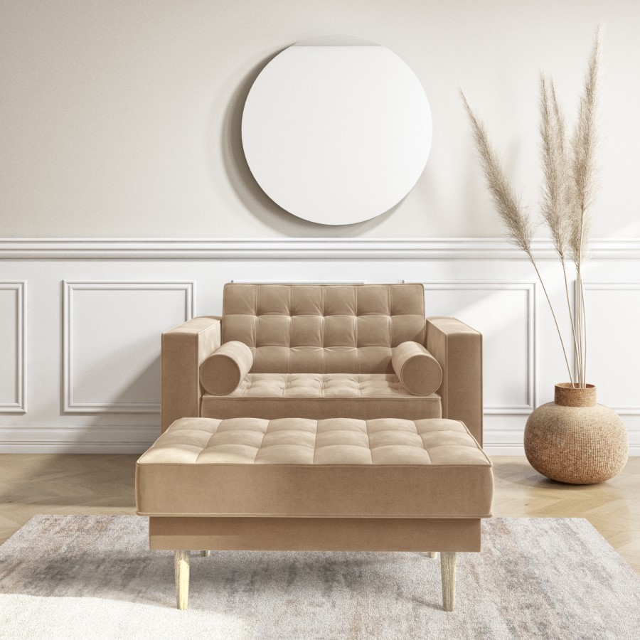 GRADE A1 - Mid Century Quilted Beige Velvet Loveseat - Elba