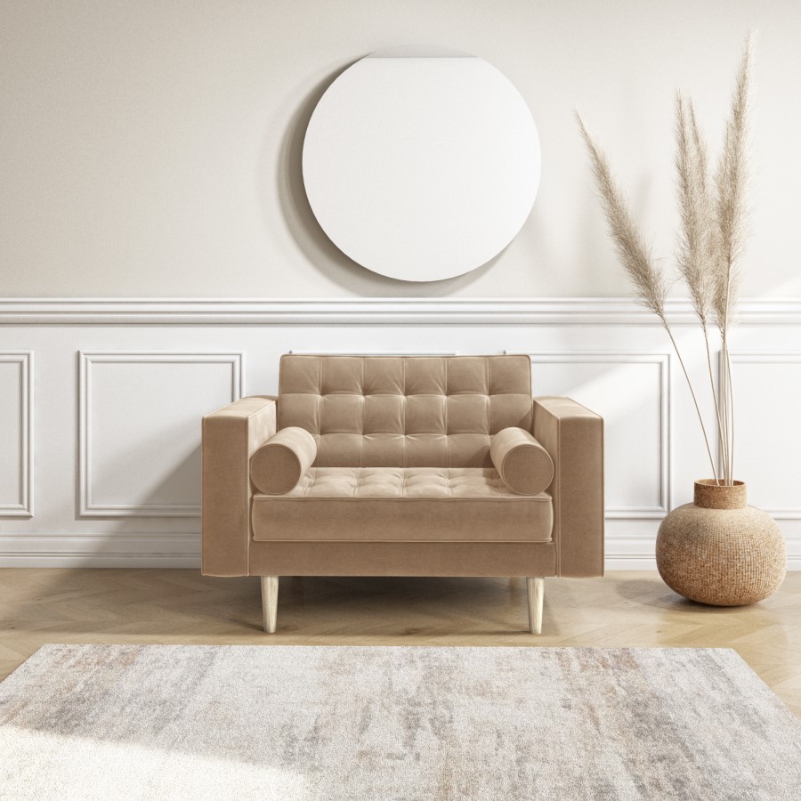 GRADE A1 - Mid Century Quilted Beige Velvet Loveseat - Elba