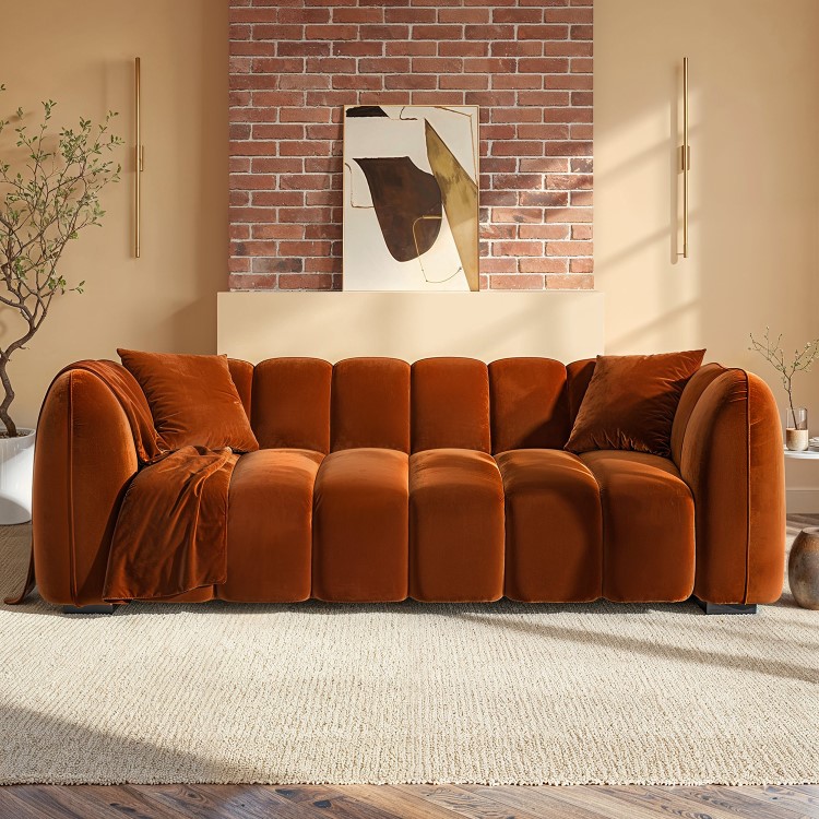 Burnt Orange Velvet 3-Seater Sofa - Elod