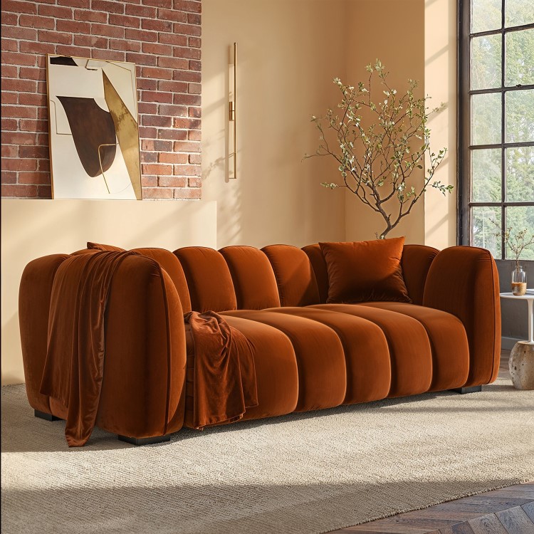 Burnt Orange Velvet 3-Seater Sofa - Elod