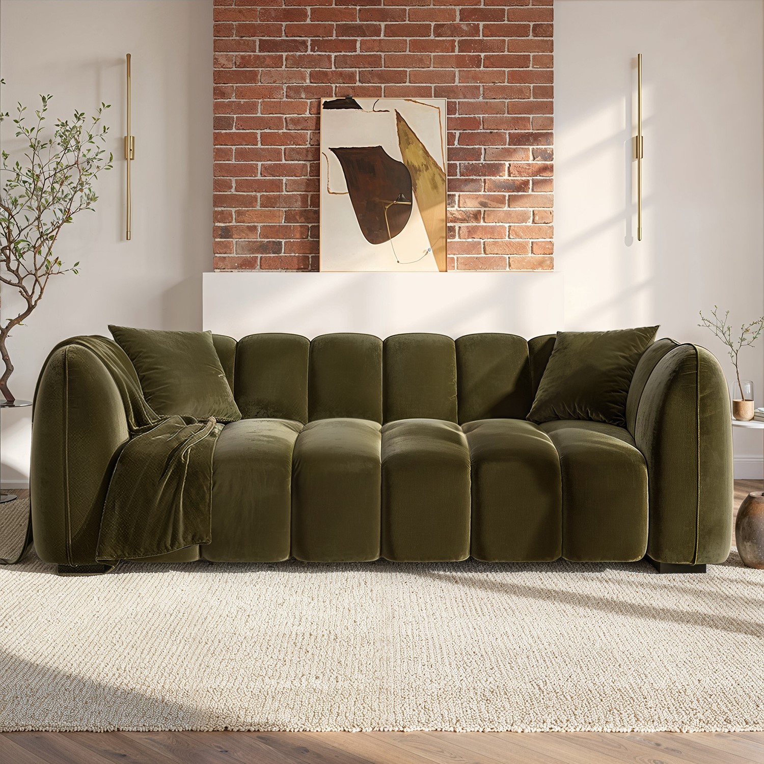 Khaki Green Velvet 3 Seater Sofa