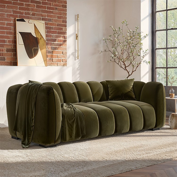 Khaki Green Velvet 3-Seater Sofa - Elod