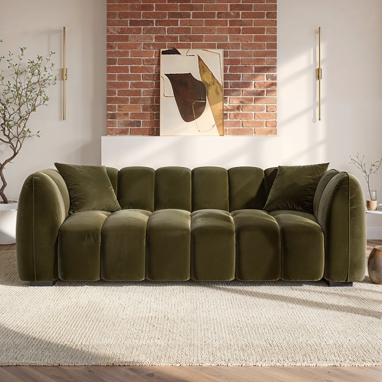 Khaki Green Velvet 3-Seater Sofa - Elod