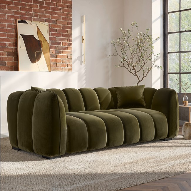 Khaki Green Velvet 3-Seater Sofa - Elod