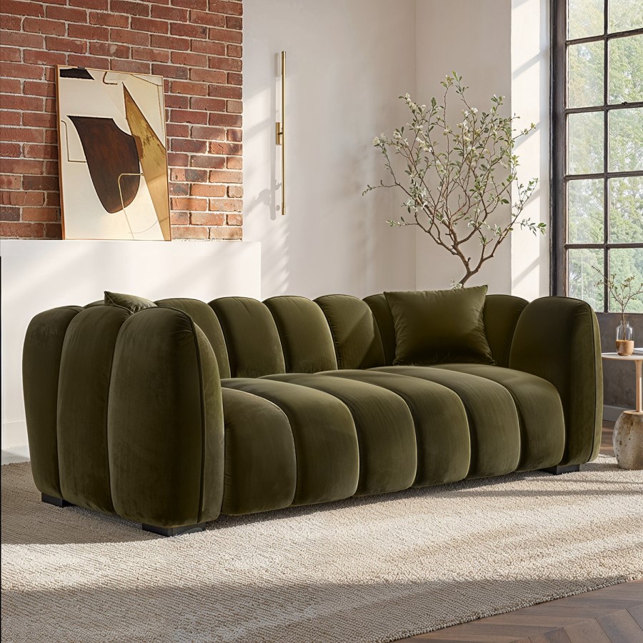 ONLY OPENED - Khaki Green Velvet 3-Seater Sofa - Elod